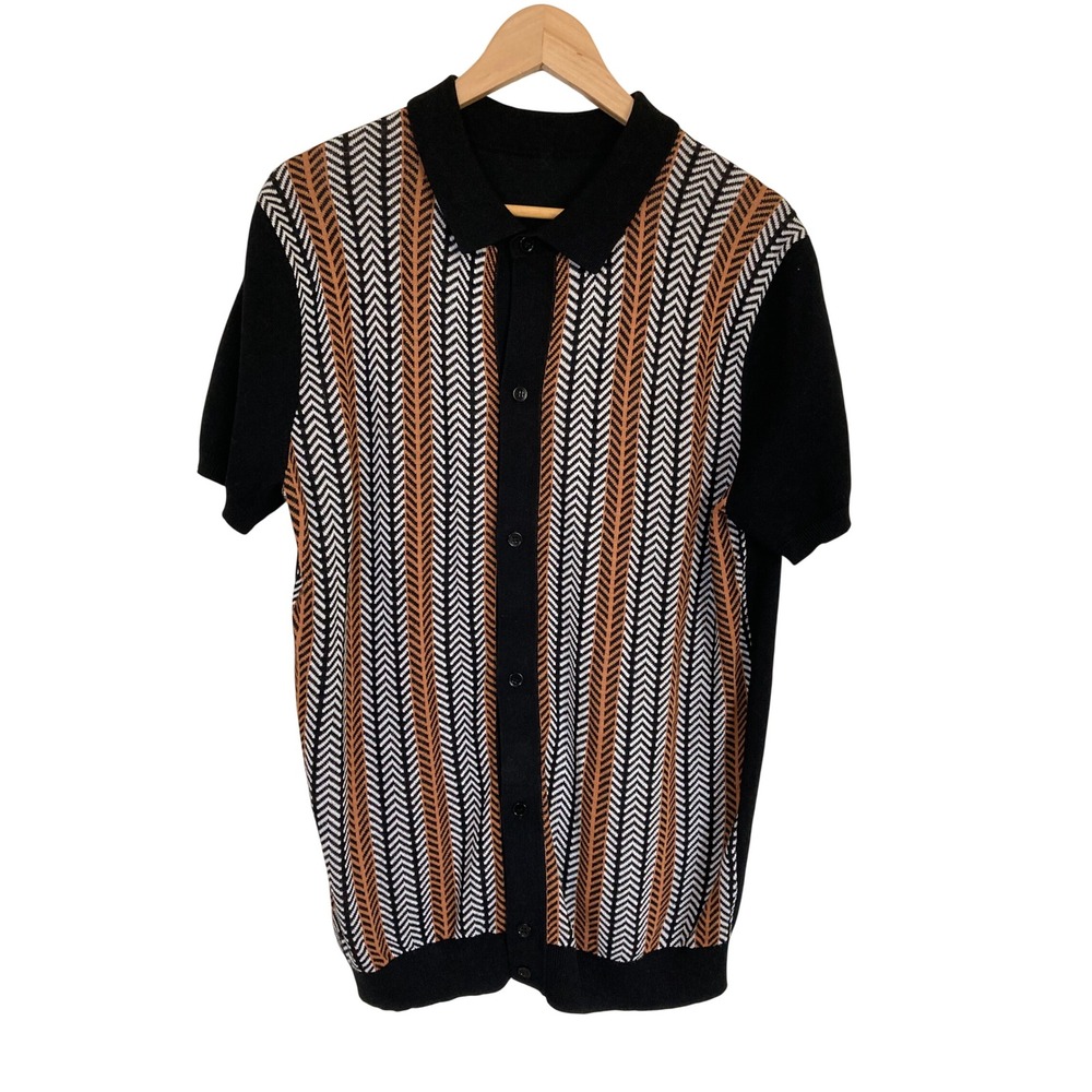 Mens Black Knit Polo Shirt Chevron Stripe Button Down Retro M4B468 XL